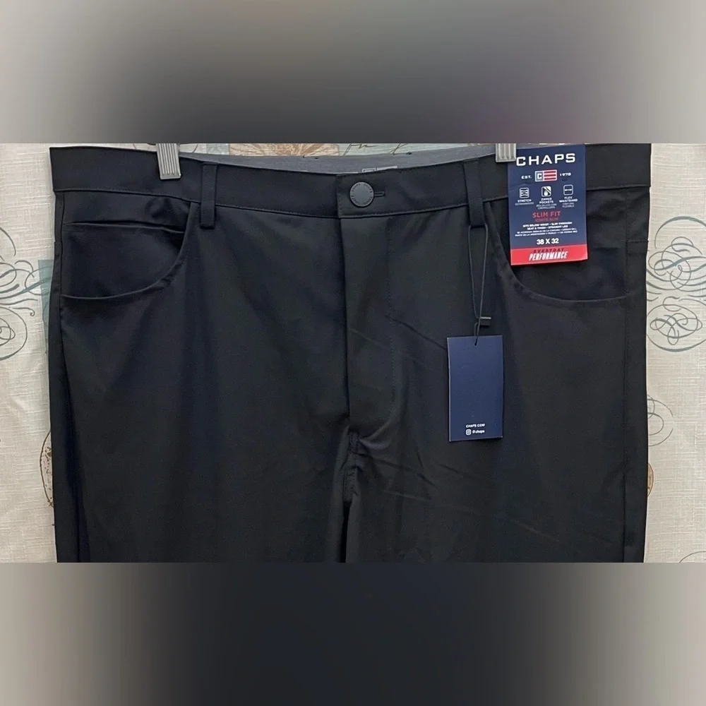 New Chaps Mens 38/32 Solid black dress pants pockets zip Semi Formal Stretch Big